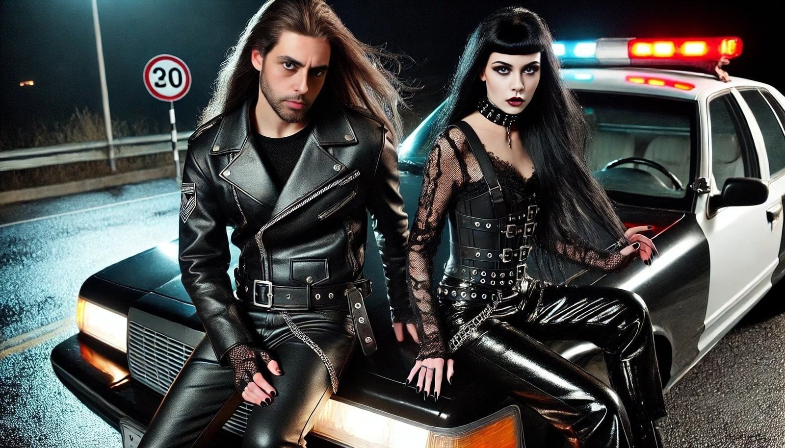  goth couple in edgy leather outfits sitting on the hood of a police car, highlighted by dramatic lighting and a moody atmosphere.
