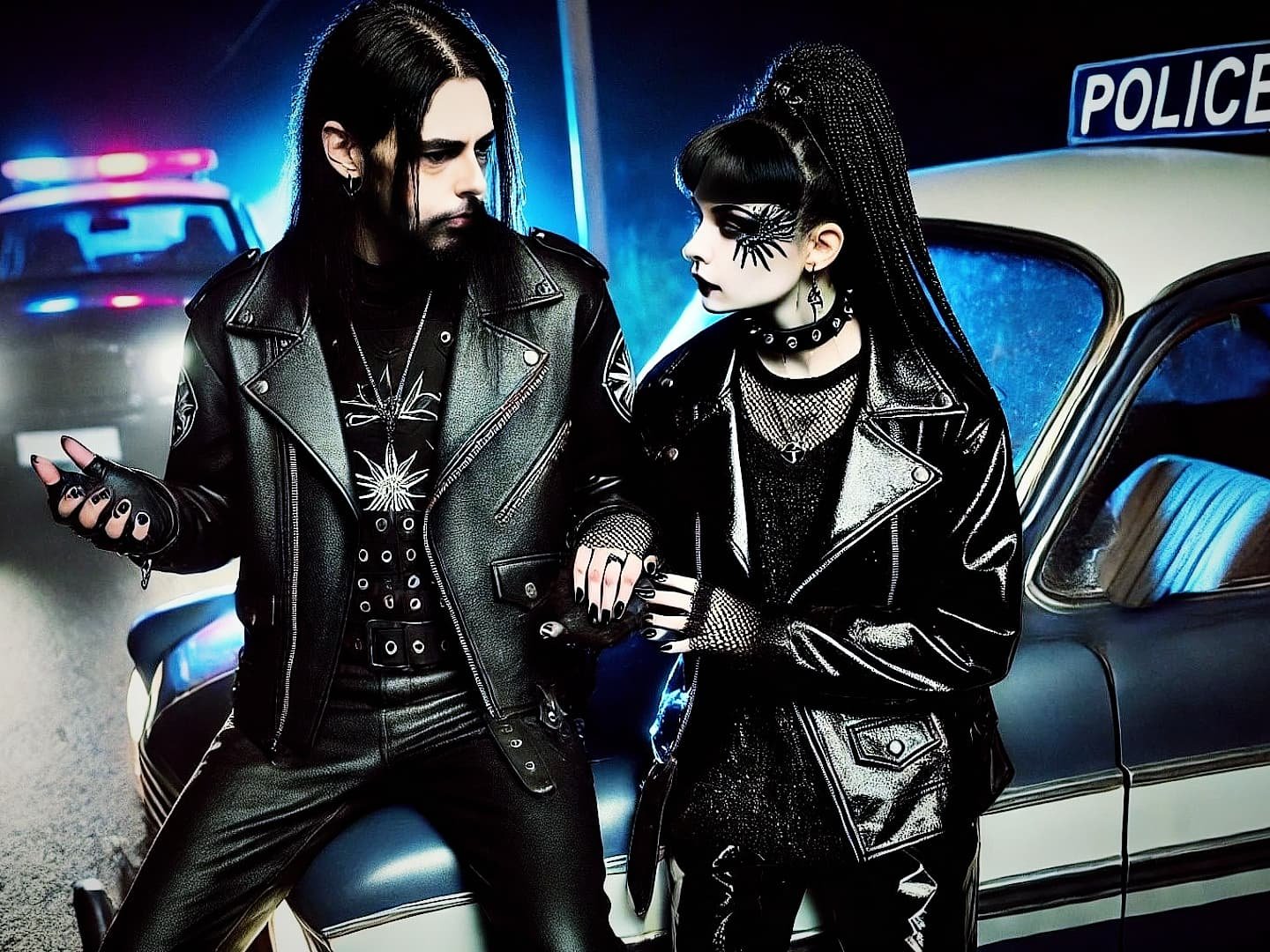 A goth man in a leather jacket and a goth woman in braided hair and a leather trench coat, standing near a vintage police car at night.