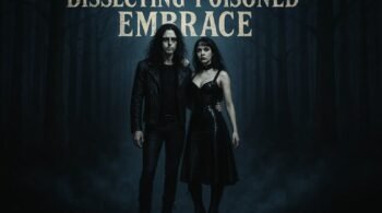 Xavi and Lina stand together in a dark forest under moonlight, dressed in black leather and PVC, with the text “Dissecting Poisoned Embrace” above them.