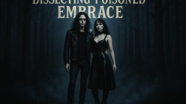 Xavi and Lina stand together in a dark forest under moonlight, dressed in black leather and PVC, with the text “Dissecting Poisoned Embrace” above them.