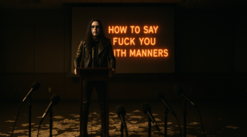 Gothic metal vocalist giving a rebellious press conference with “How to Say Fuck You with Manners” glowing behind him, surrounded by microphones and scattered papers.