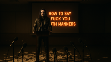 Gothic metal vocalist giving a rebellious press conference with “How to Say Fuck You with Manners” glowing behind him, surrounded by microphones and scattered papers.