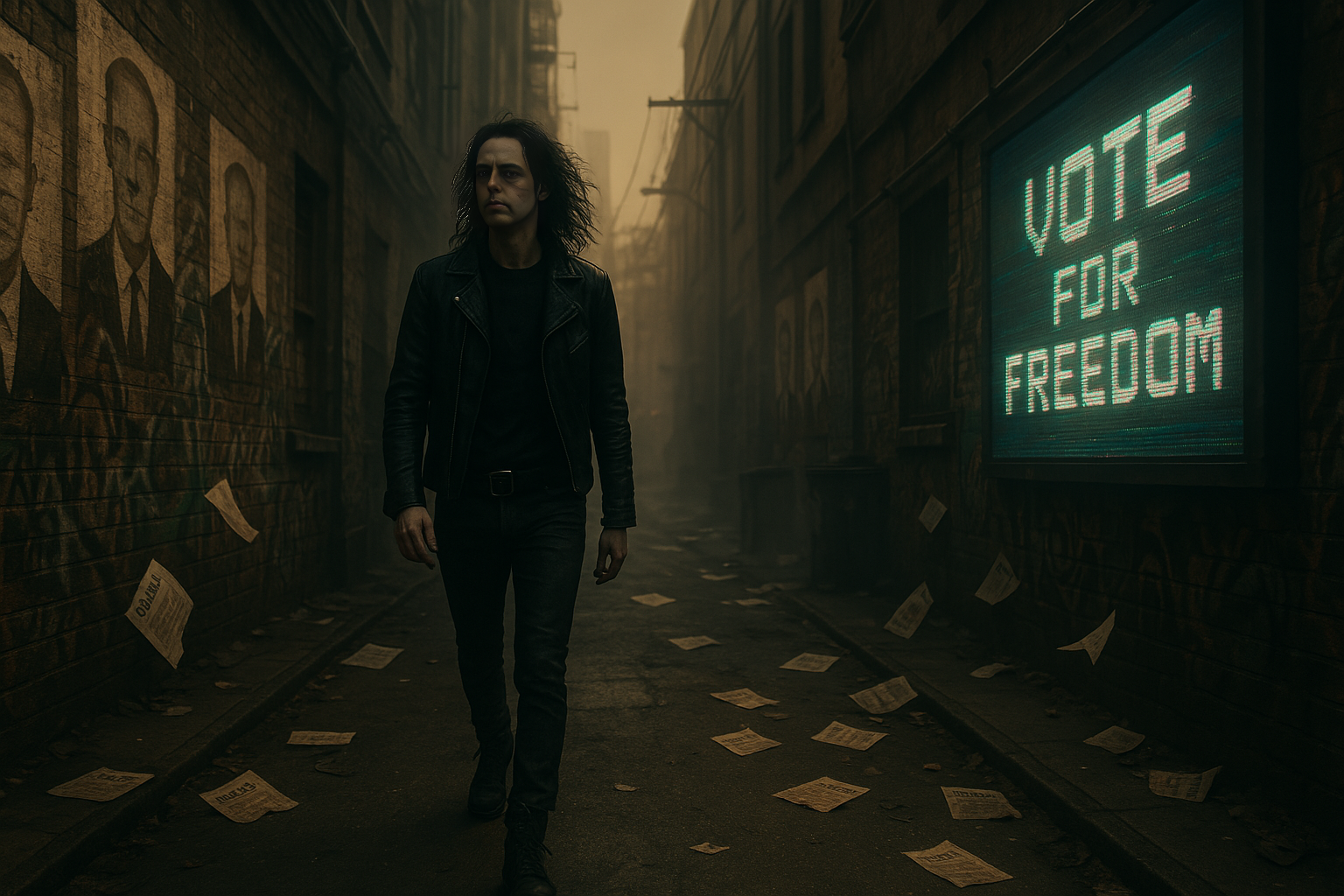 Xavi walks alone through a dystopian alley filled with torn ballots and propaganda posters under a glitchy “Vote for Freedom” sign.