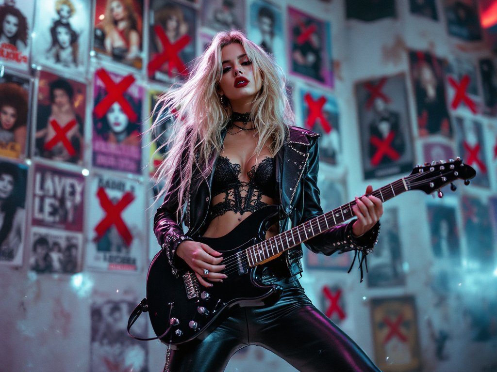 Blonde female guitarist in black leather playing in front of a wall covered in crossed-out pop idol posters.