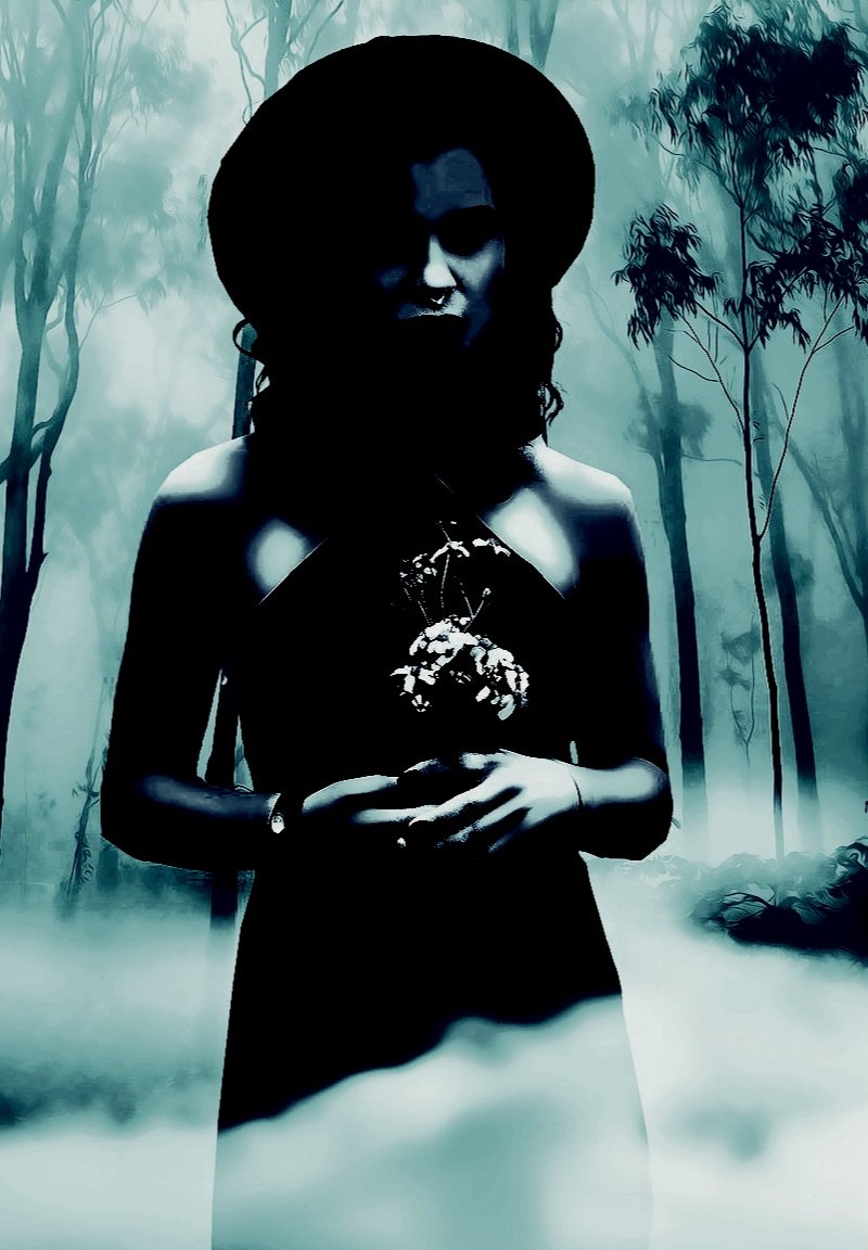 Silhouetted figure of a woman holding flowers in a misty forest, evoking dark fantasy and mystery.