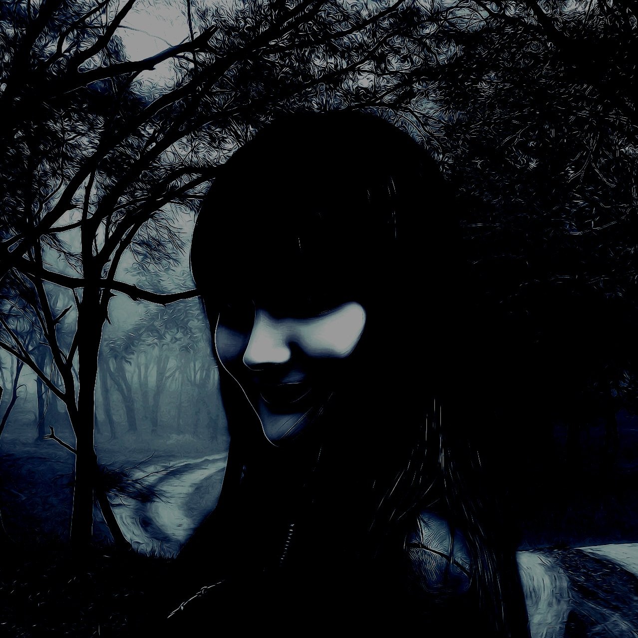 Woman with a shadowed face in a foggy wooded setting, smiling enigmatically, embodying gothic allure.