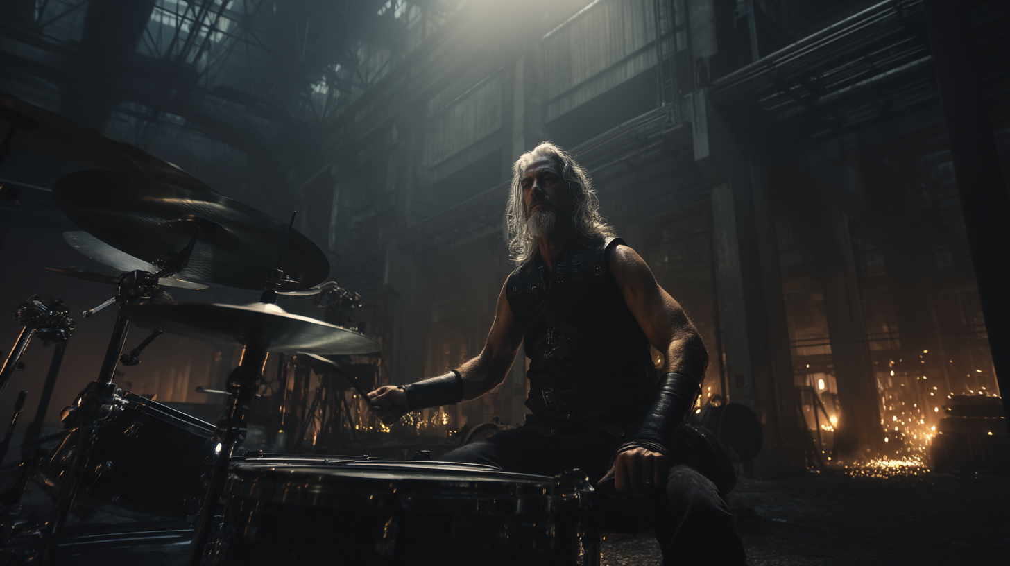 Gray-haired Viking-style drummer in leather, seated at his kit in a dark warehouse with sparks flying around him.