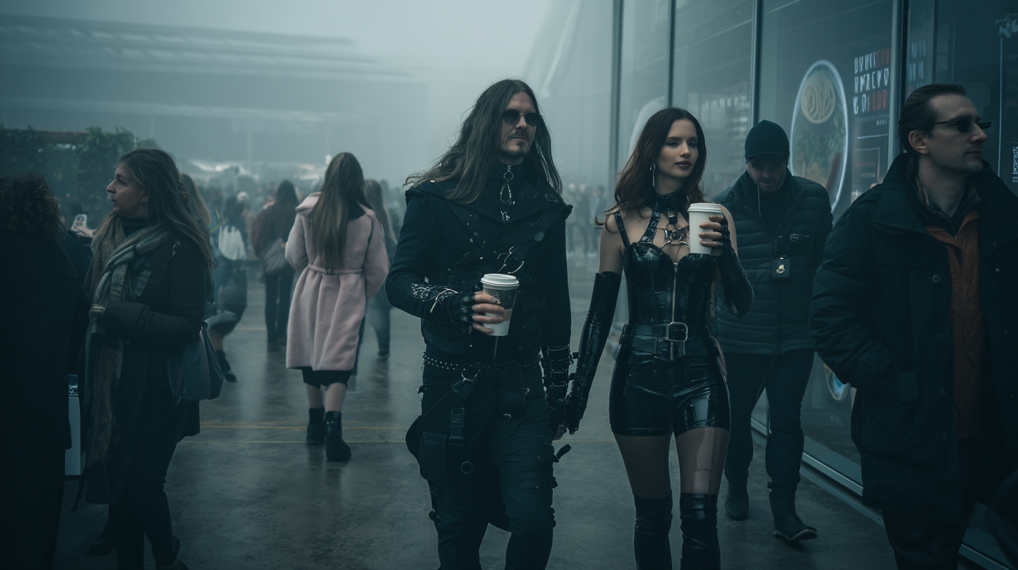 Goth couple dressed in leather and latex walk through a crowd of mainstream shoppers at a fake eco market with coffee cups in hand.