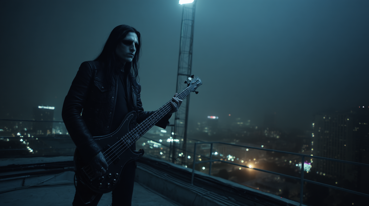 Pale goth bassist with long black hair playing on a rooftop, city lights glowing in the fog behind him.
