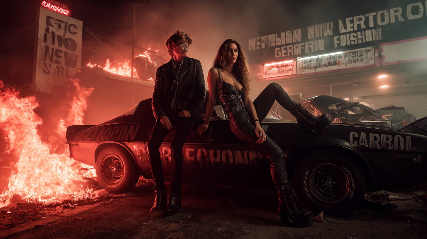 Goth couple sits on a muscle car in front of a fire blazing through signs with fake eco slogans in a chaotic street scene.