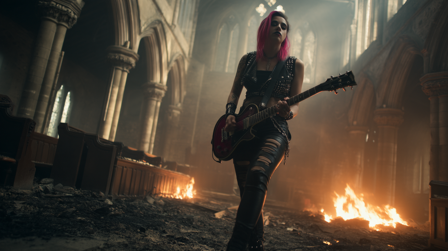 Pink-haired female metal guitarist in leather playing inside a burned-out gothic church with flames rising.