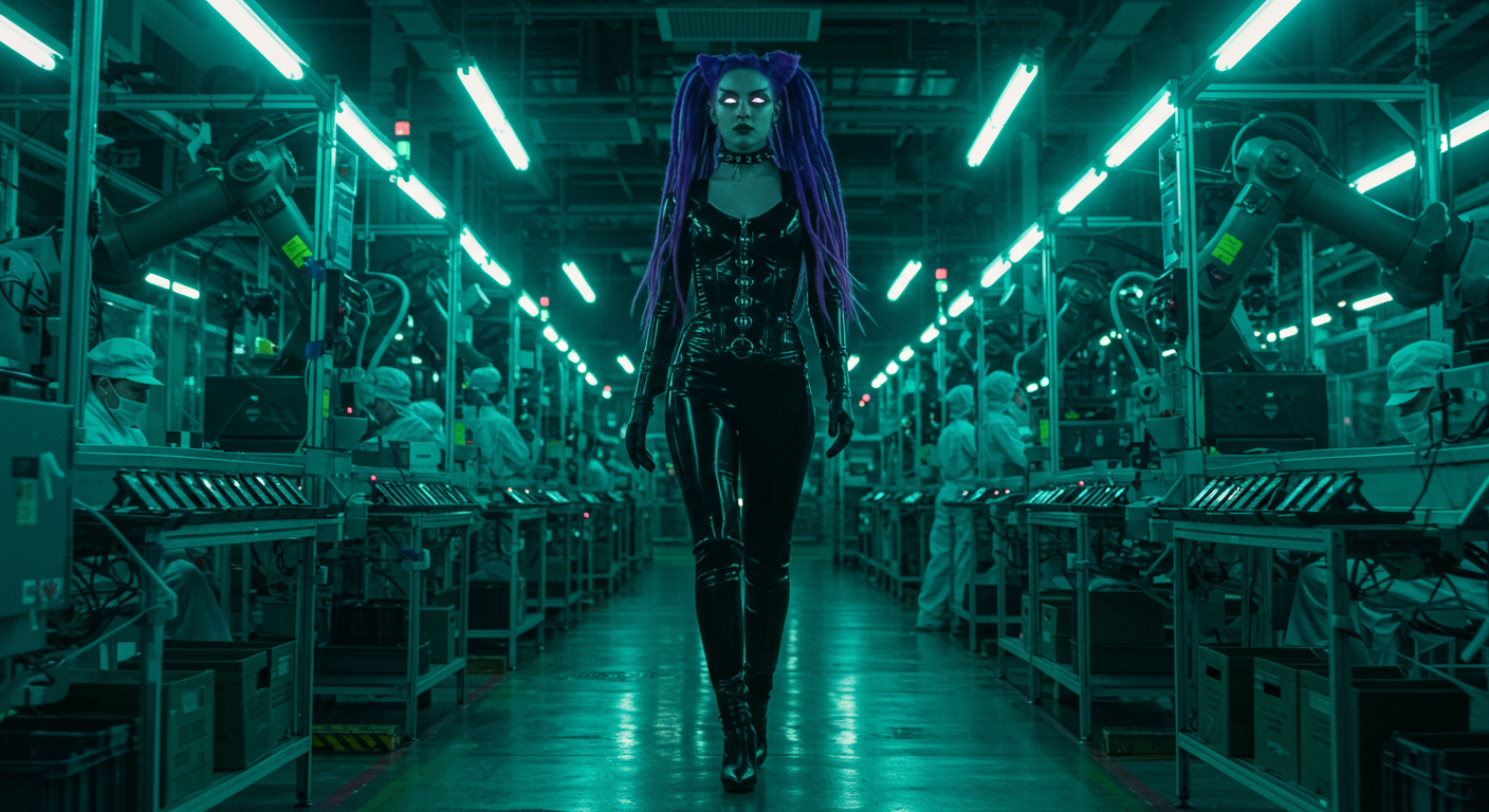 Purple-haired cyber goth woman in latex walks down a high-tech smartphone factory aisle surrounded by masked workers and robotic arms.
