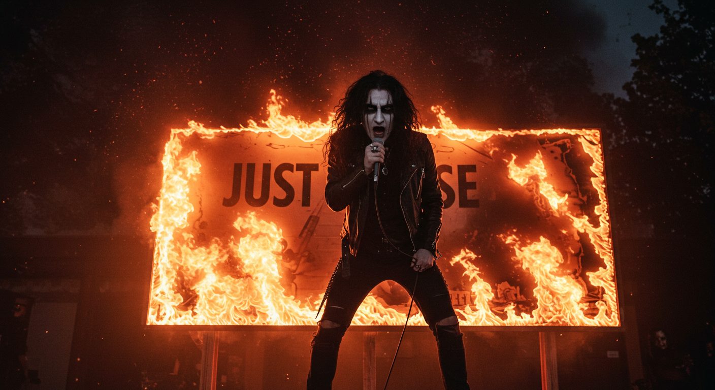 Long-haired goth metal singer standing before a flaming billboard that says “Just Noise,” holding a mic defiantly.