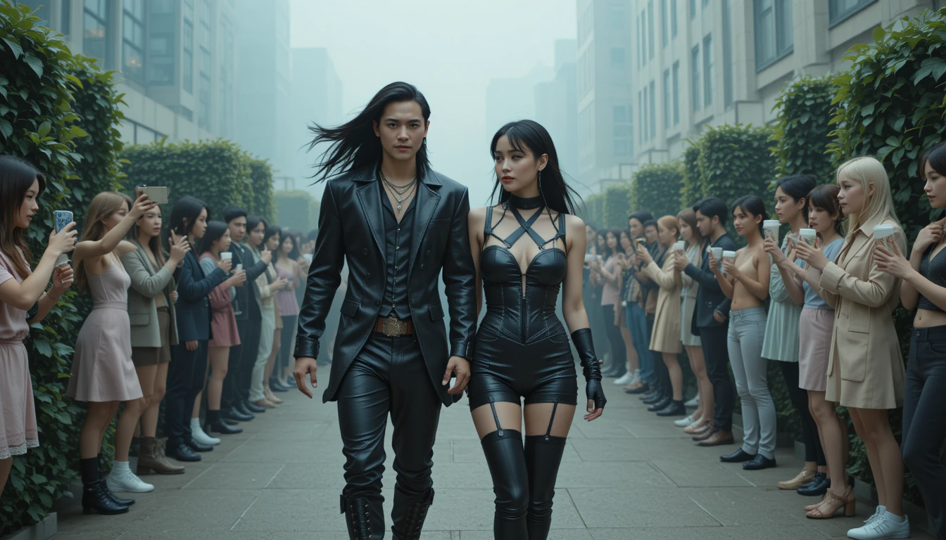 Goth man and woman strut between two rows of influencers filming with phones in a sterile greenwashed city street.