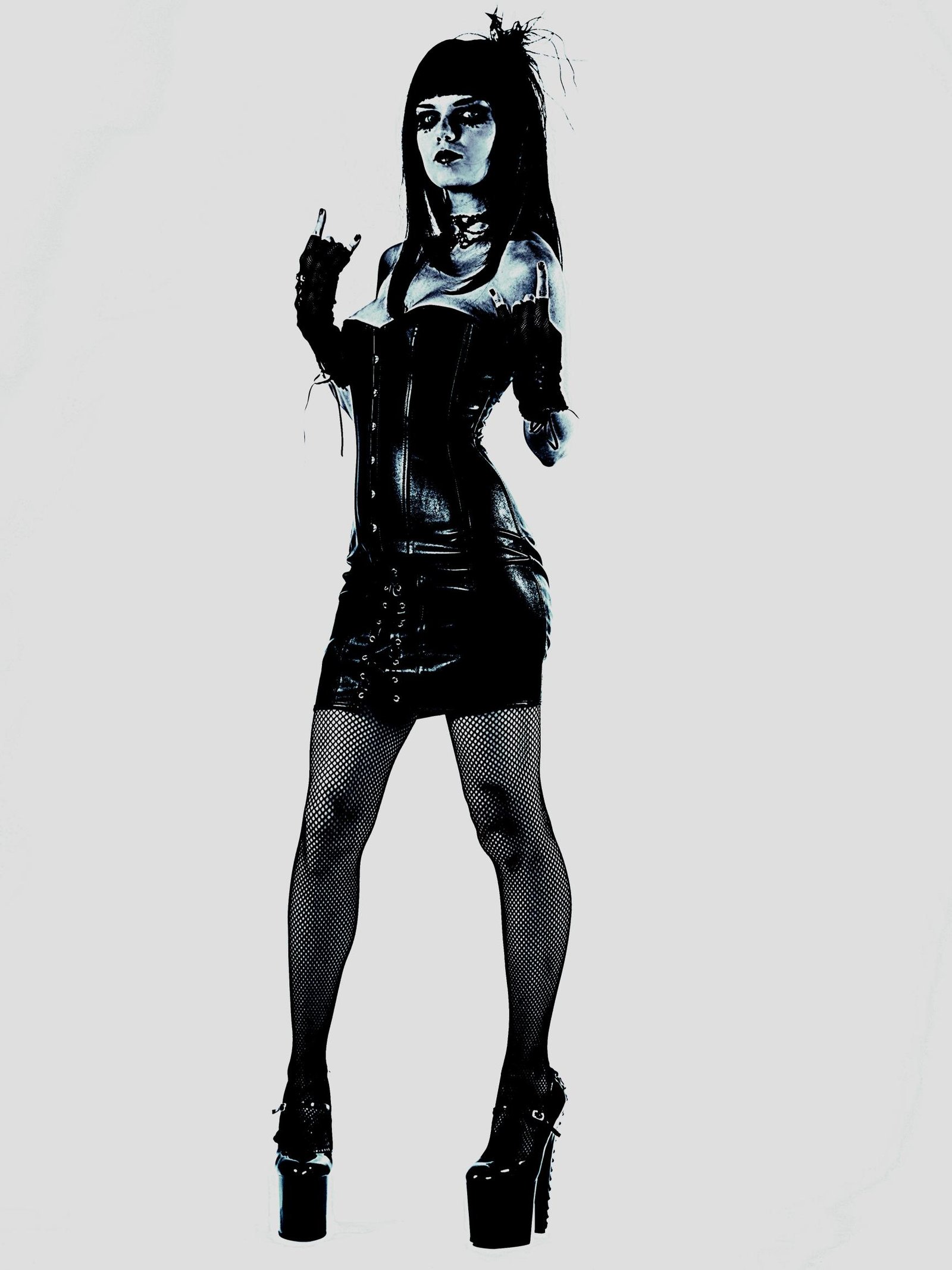 A gothic woman in a tight black corset dress, fishnets, and platform heels, flipping the horns in defiance.