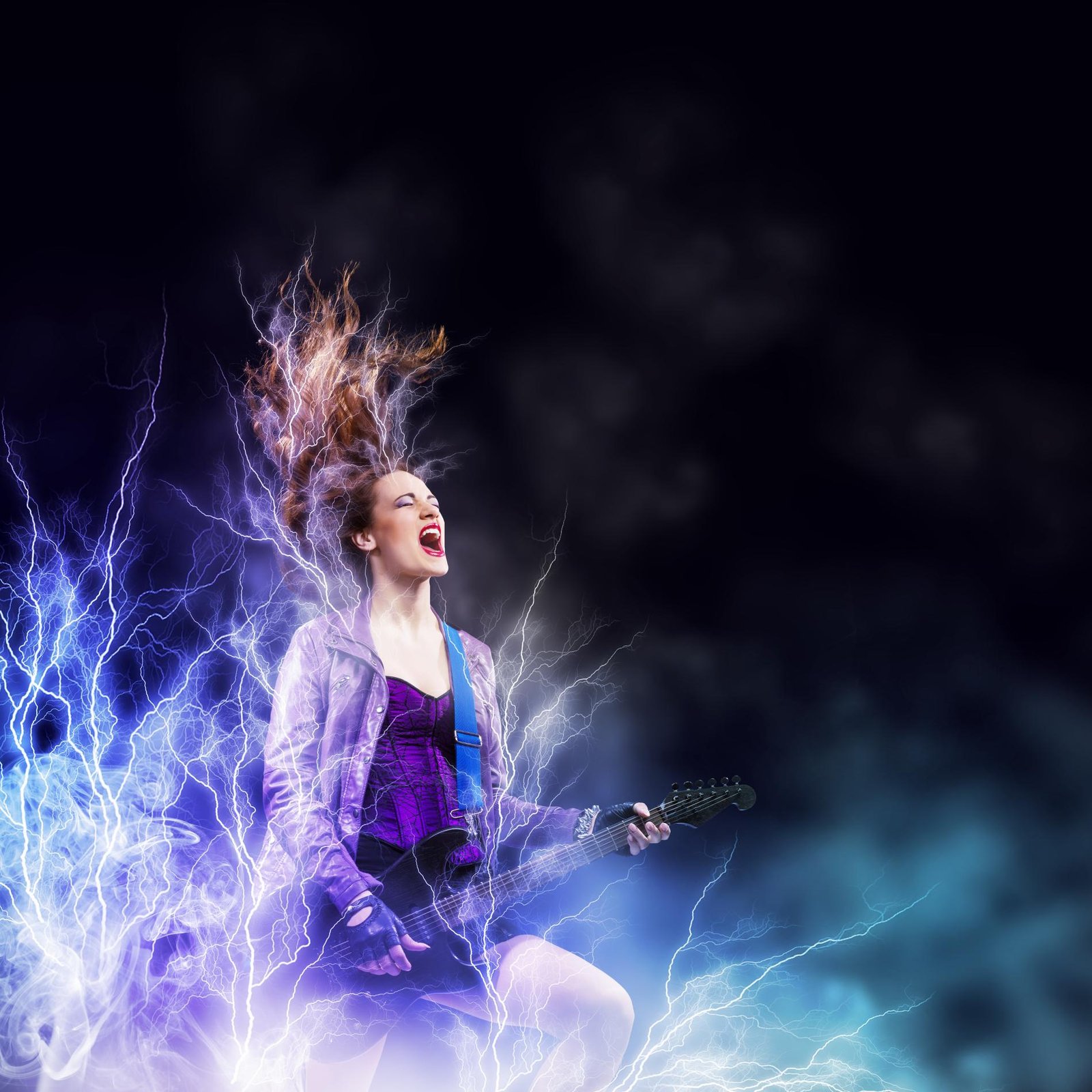 Female rocker in purple corset and leather jacket playing guitar, surrounded by blue lightning and energy on dark stage.