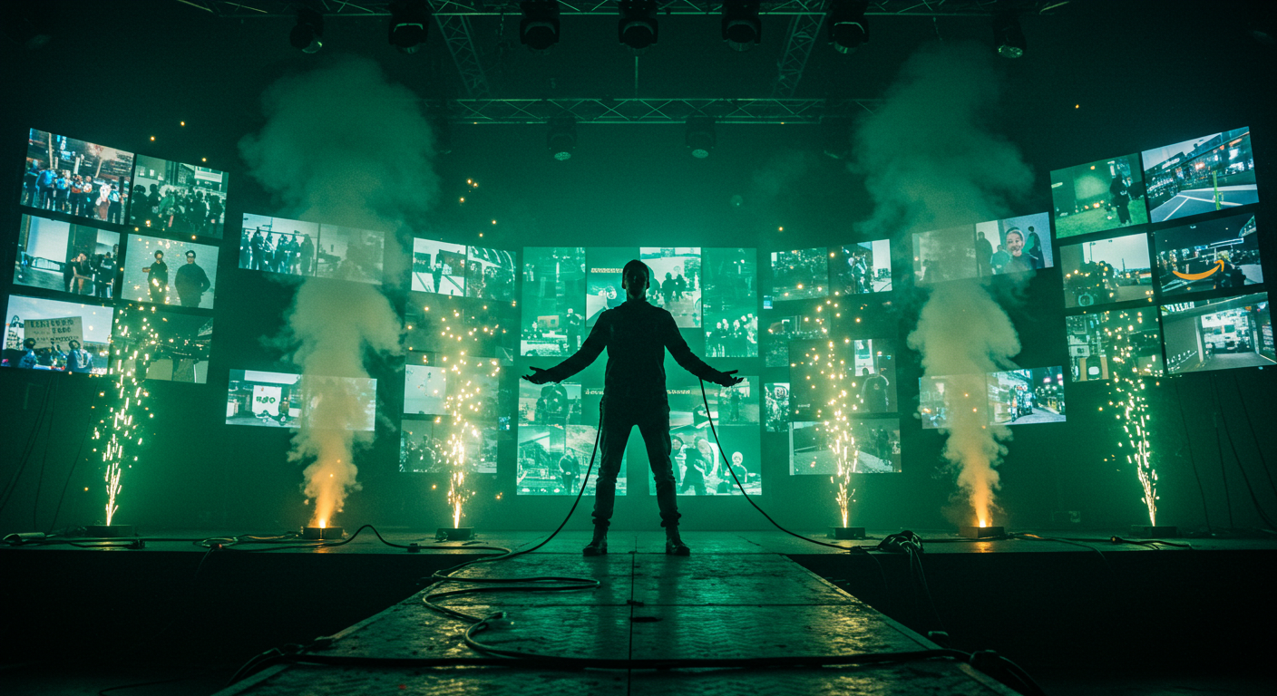 Silhouetted metal vocalist stands on a stage surrounded by green digital protest screens and pyrotechnics, holding cables like weapons of defiance.