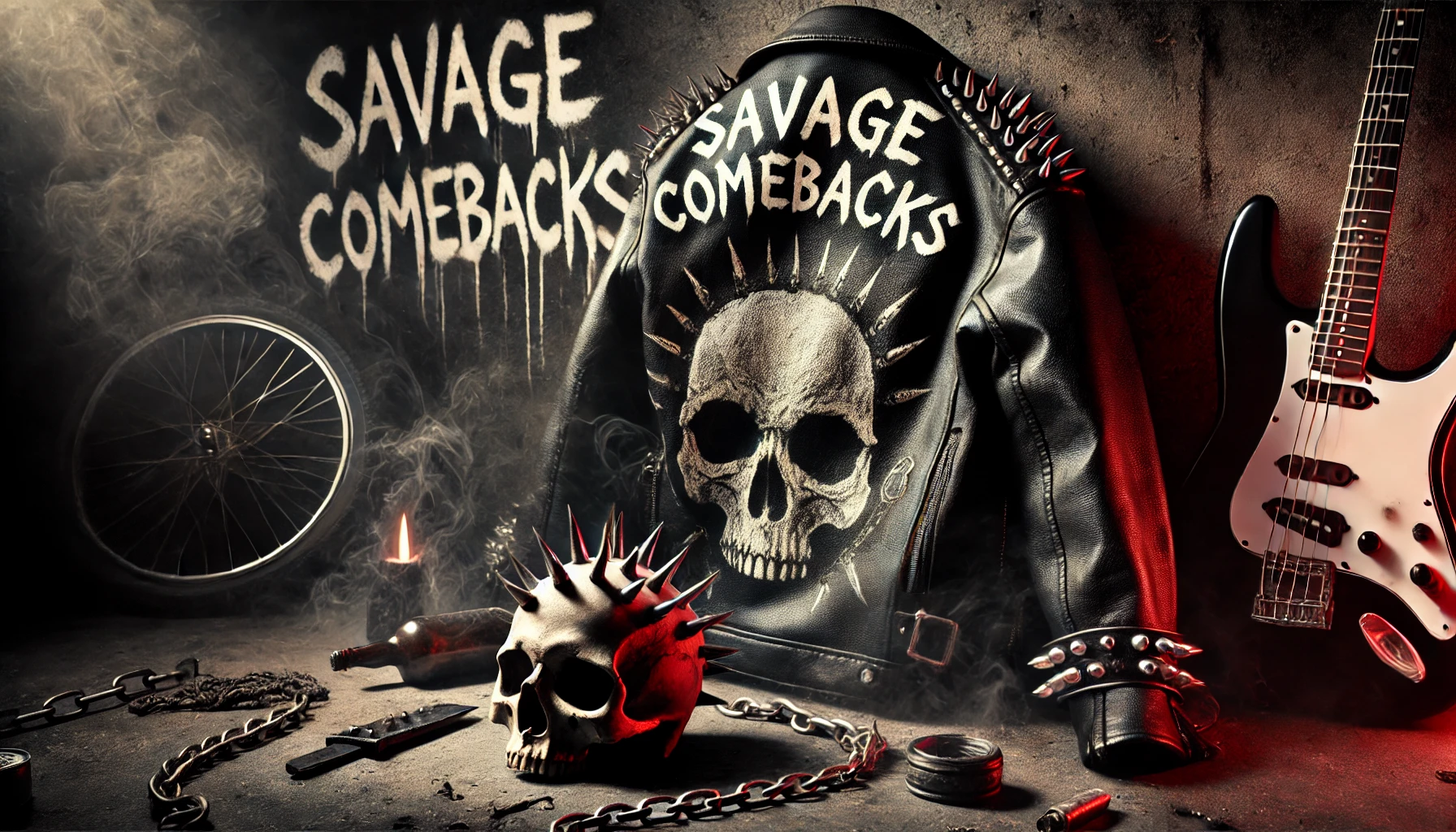 Close-up of a black leather jacket with spikes and a skull design, resting next to a spiked skull, chains, and a guitar in a gritty, smoke-filled room.