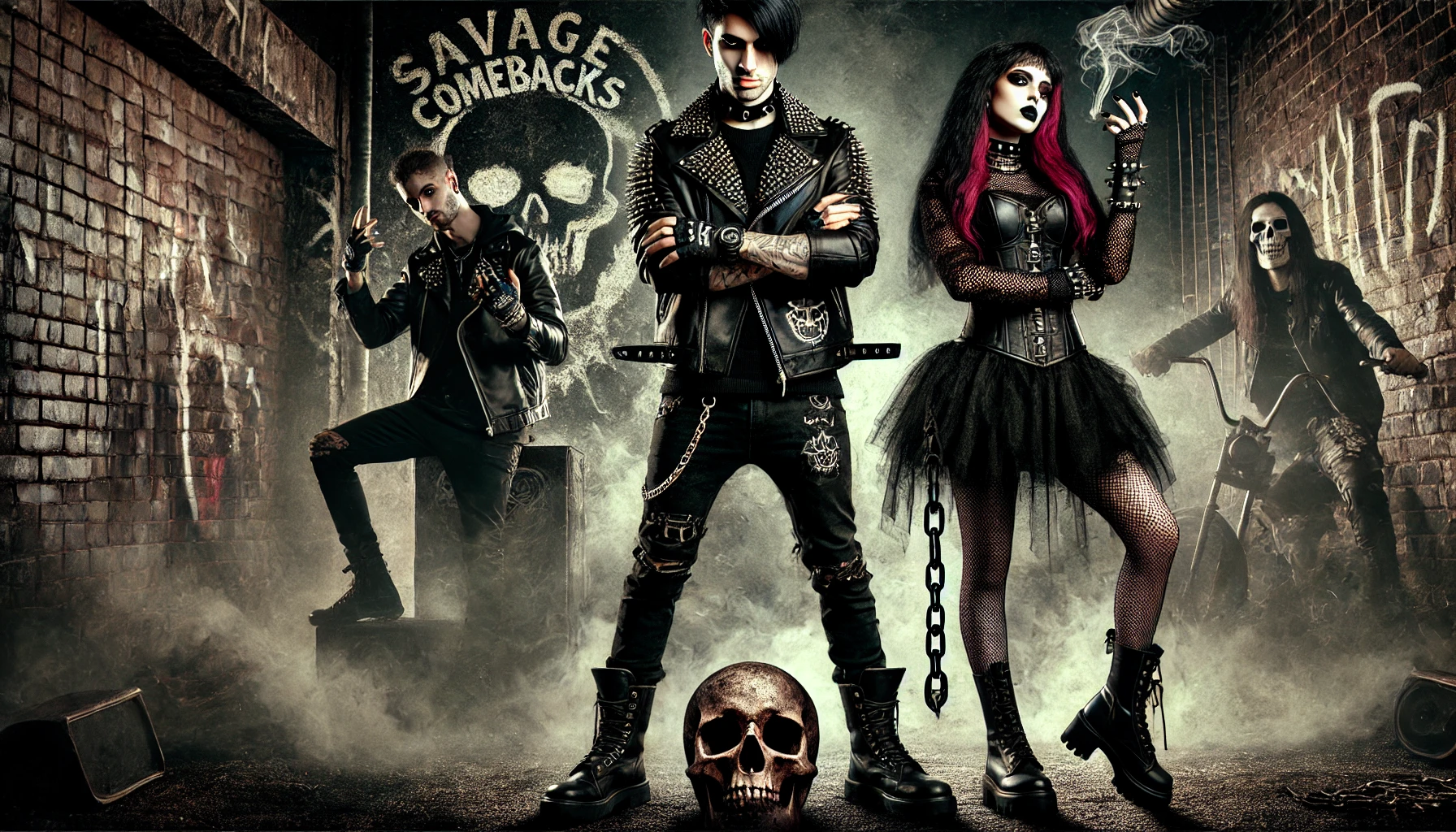 Four rebellious figures in dark metal and goth attire standing in a smoky, graffitied alley with a large skull on the ground and chains scattered around.