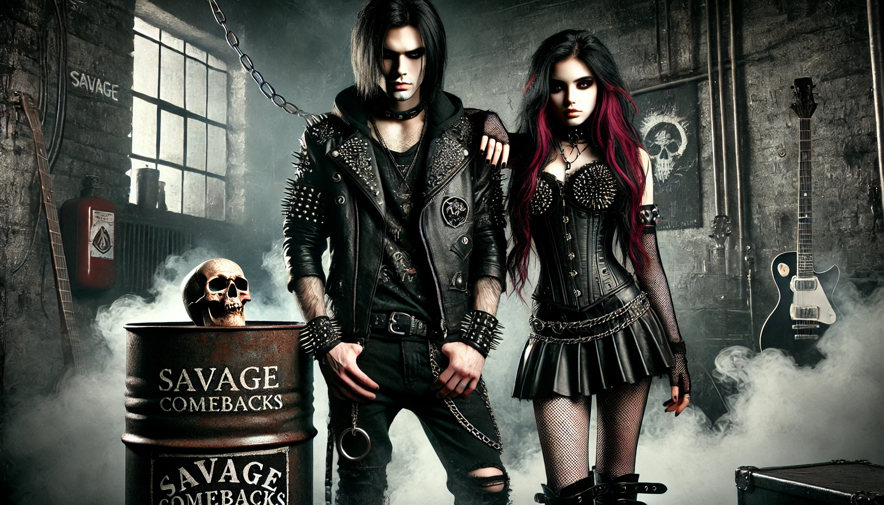 Two darkly dressed figures standing in a grungy industrial warehouse, next to a burning barrel with graffiti reading 'Savage Comebacks,' surrounded by smoke and metal structures.