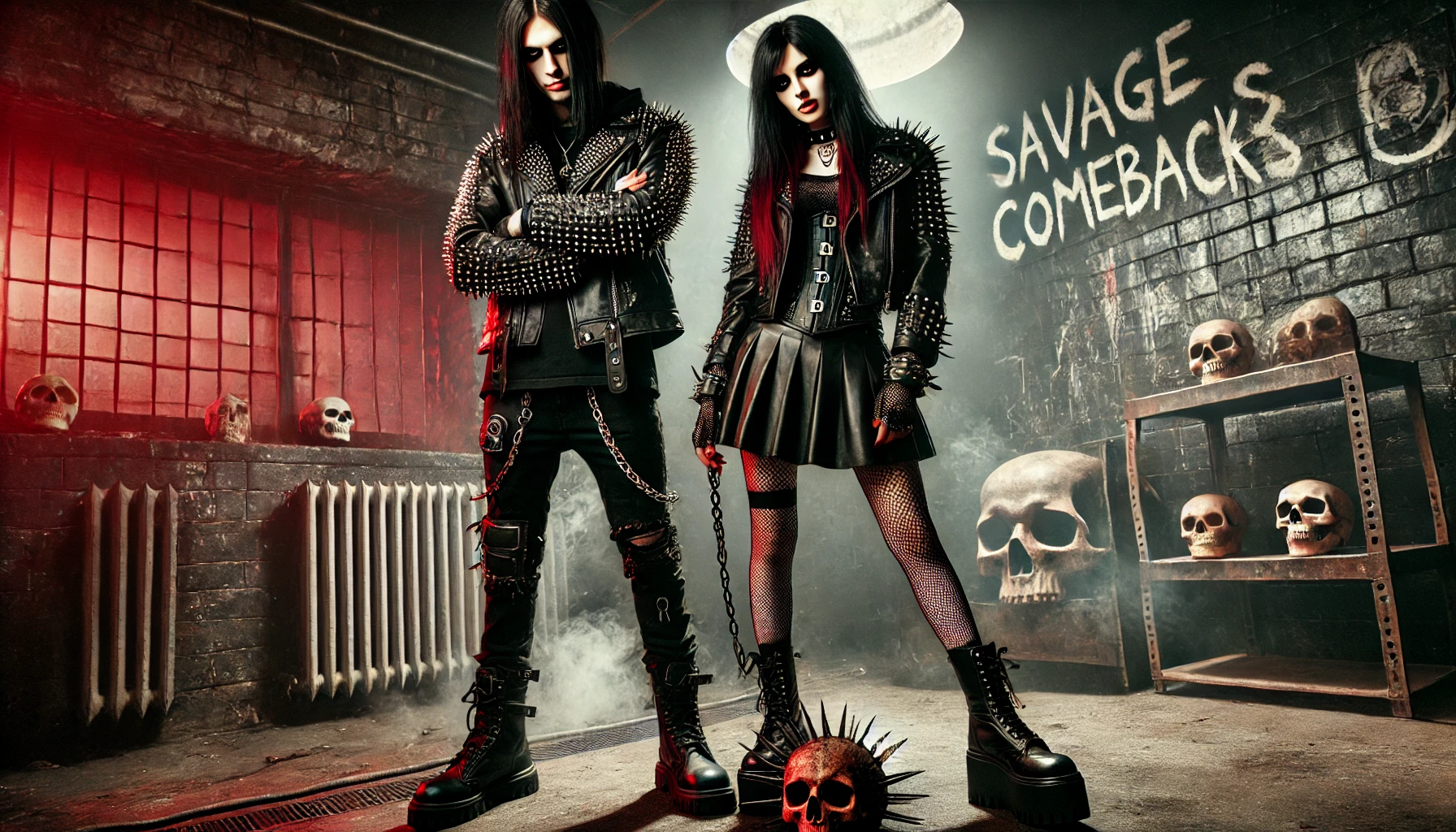 Two figures dressed in spiked leather and fishnets in an industrial warehouse with fog, skulls on shelves, and a gritty background wall covered in graffiti.