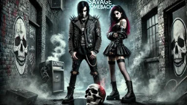 Two figures standing in a dark, misty alley with skull graffiti on brick walls, cracked skulls on the ground, and a sense of raw, rebellious energy.