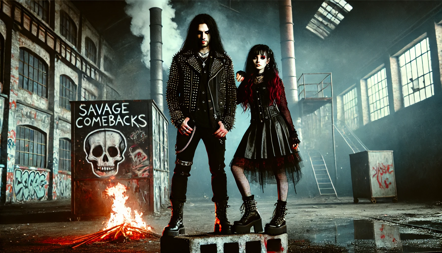 Two figures in spiked leather outfits standing in front of a burning industrial building, surrounded by graffiti and smoke, with a flaming barrel in the foreground.