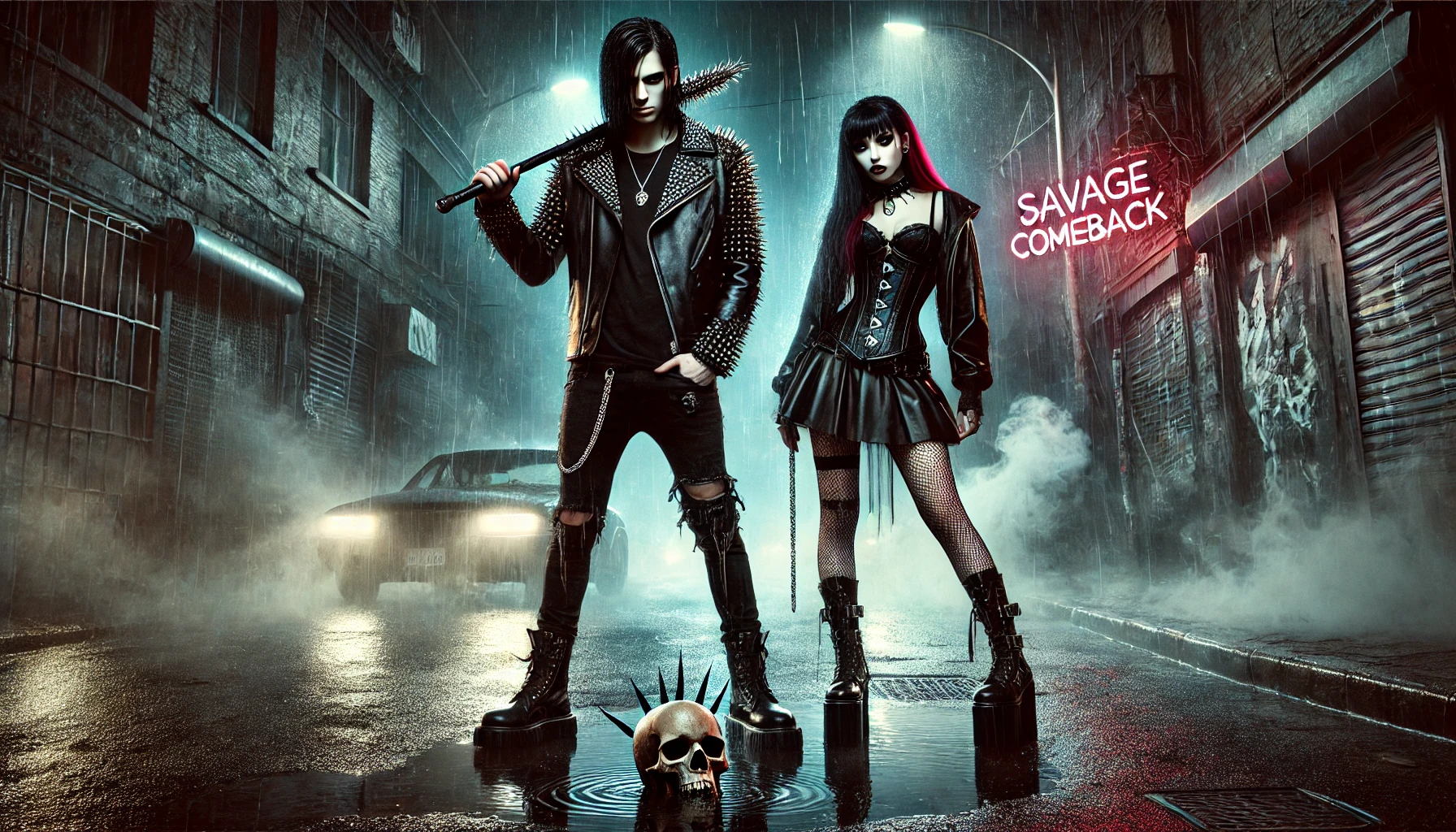 Two darkly dressed individuals in a rain-soaked urban alley at night, with neon signs, fog, and a spiked skull on wet asphalt reflecting city lights.
