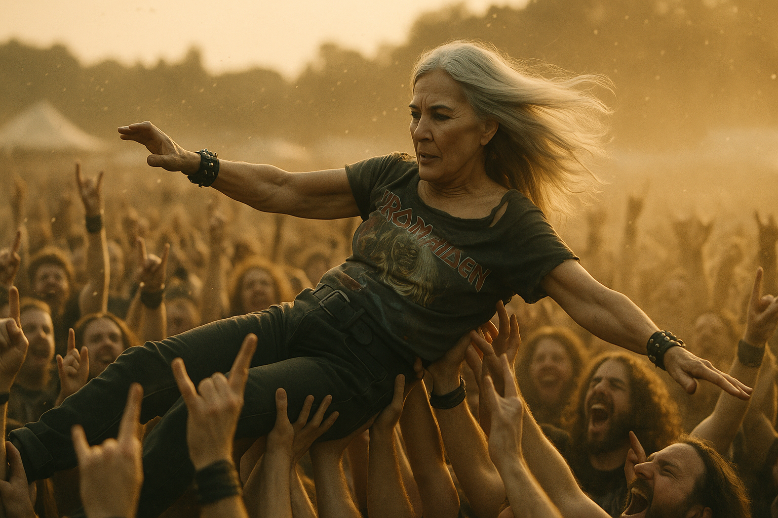 Older woman in Iron Maiden shirt crowd-surfs at a metal festival during golden hour.