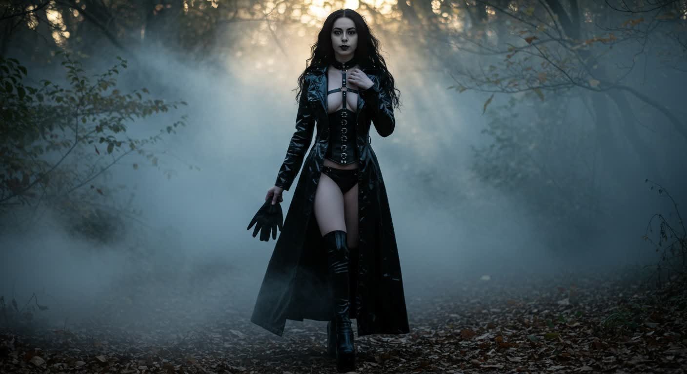 Deadly gothic woman in PVC trench coat and corset walks through foggy forest with gloves in hand. 