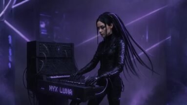 Gothic woman with cyberdreads playing futuristic synth rig labeled Nyx Luna in purple-lit stage