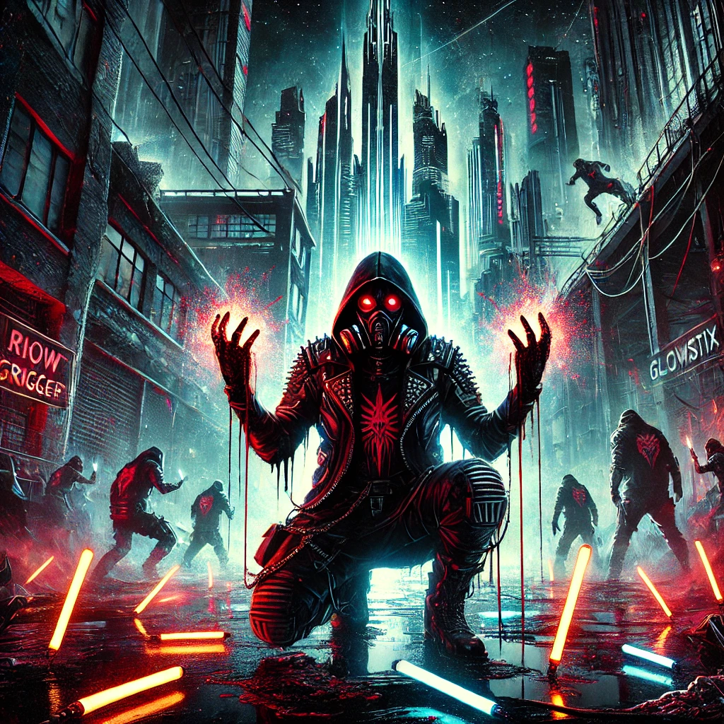 Dark industrial cyberpunk cityscape with neon lights, blood splatters, and a rebellious figure surrounded by glow sticks, representing the aggressive energy of Incubite’s music.