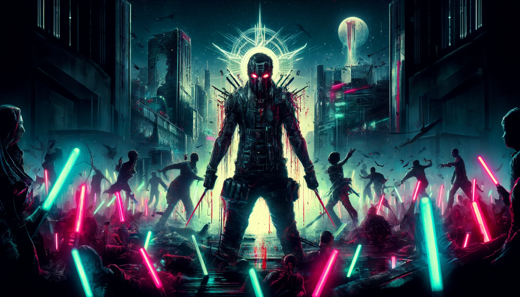 Dark cyberpunk cityscape with neon glow, blood splatters, and a rebellious figure surrounded by glow sticks, capturing the defiant energy of Incubite’s music.
