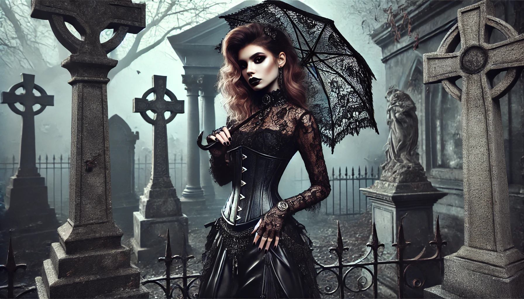Gothic woman in black lace dress and corset holding ornate parasol, standing in an eerie graveyard.