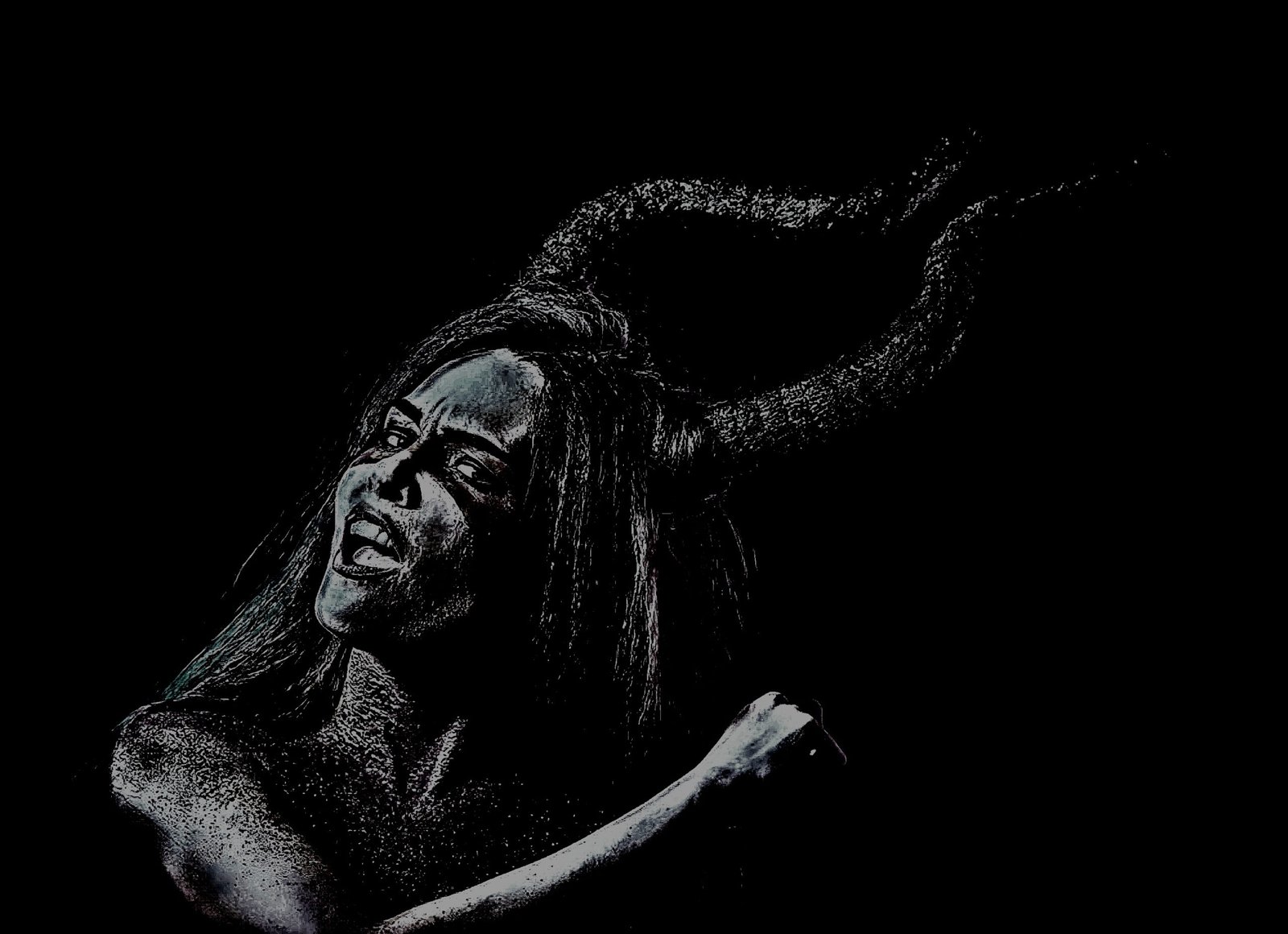 Gothic woman with large curved horns, textured skin, and an intense expression against a dark background.
