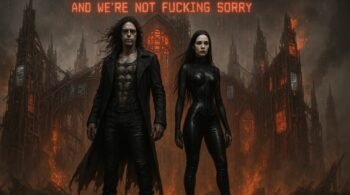 Gothic couple stand before a burning cathedral with glitching windows under blazing red anti-human AI war text.