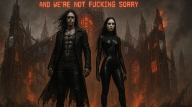 Gothic couple stand before a burning cathedral with glitching windows under blazing red anti-human AI war text.