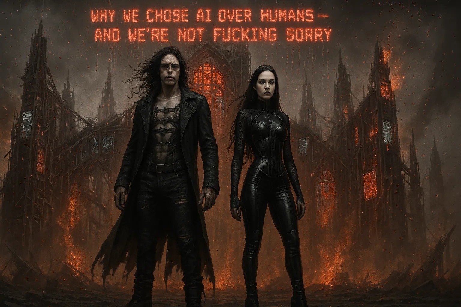 Gothic couple stand before a burning cathedral with glitching windows under blazing red anti-human AI war text.