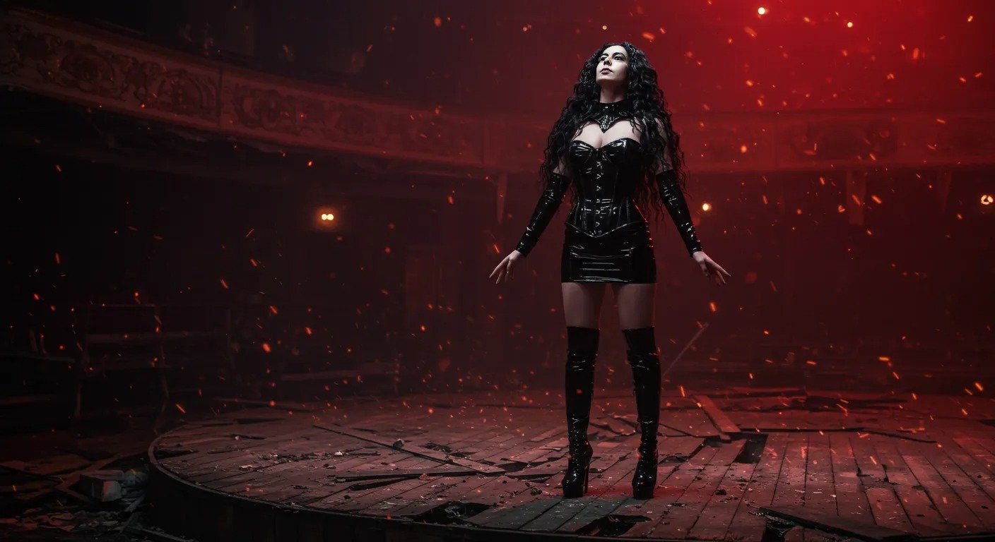 Gothic woman in black PVC corset dress stands alone on a ruined theater stage surrounded by falling ash and red light.