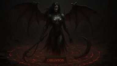 Oblivion standing in a molten ritual circle with torn wings and scythe, glowing red eyes and the name etched in stone.