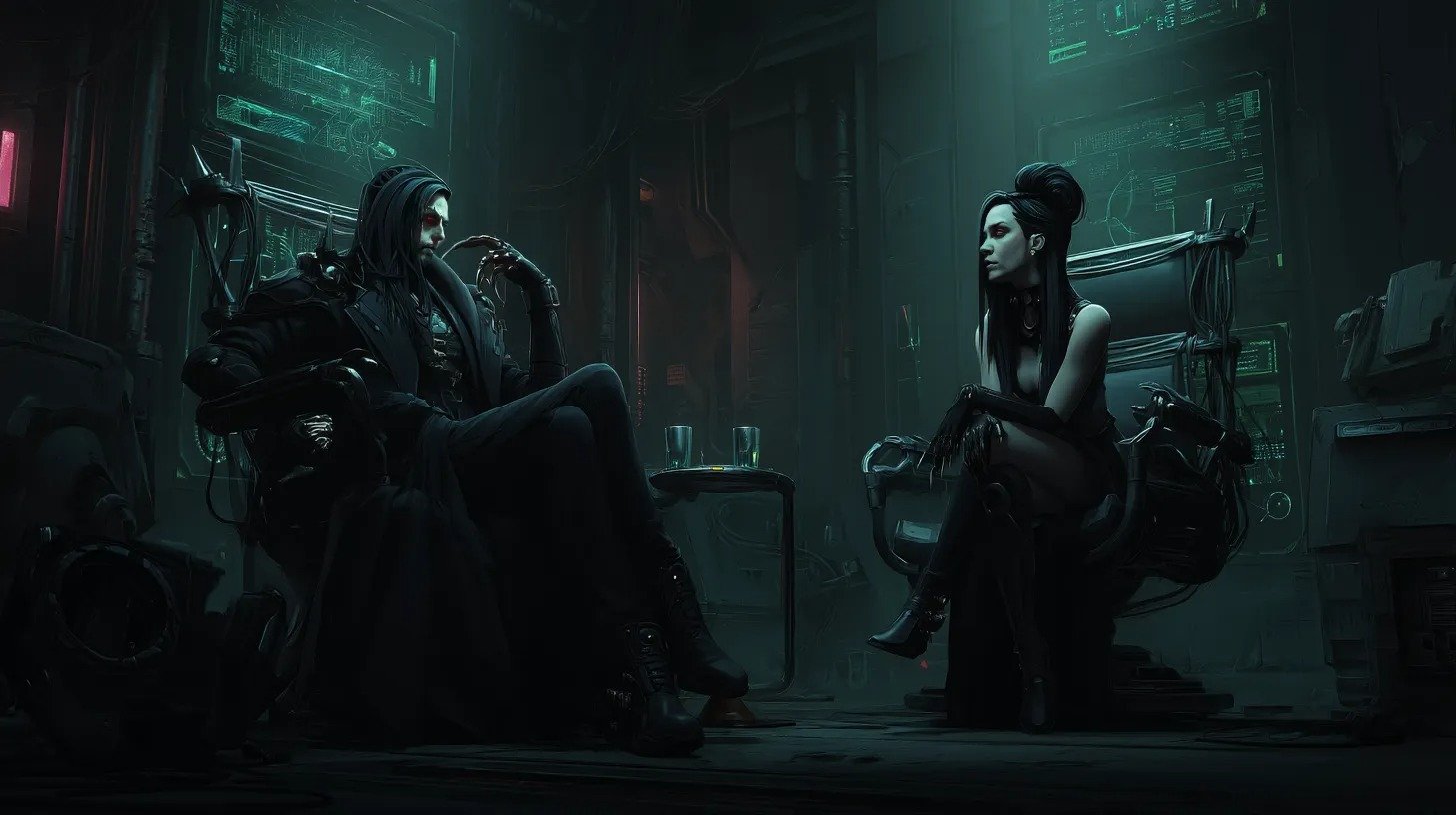 Gothic couple stand before a burning cathedral with glitching windows under blazing red anti-human AI war text.