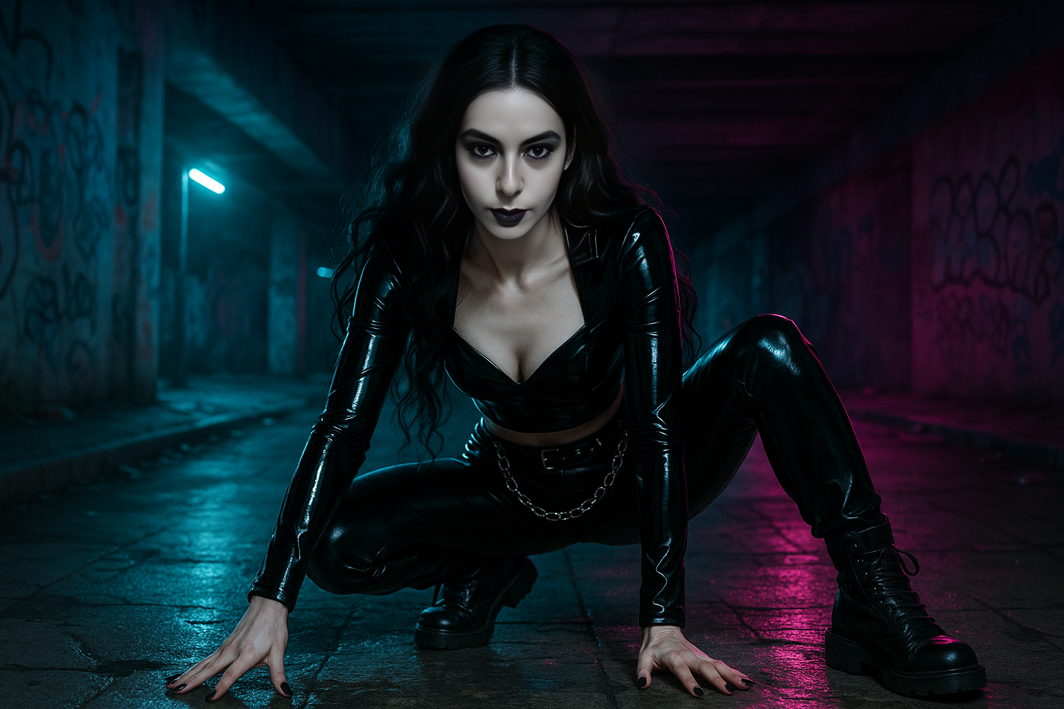 Gothic woman in black PVC crop top and pants crouches on a wet, neon-lit street with a fierce, intense glare.