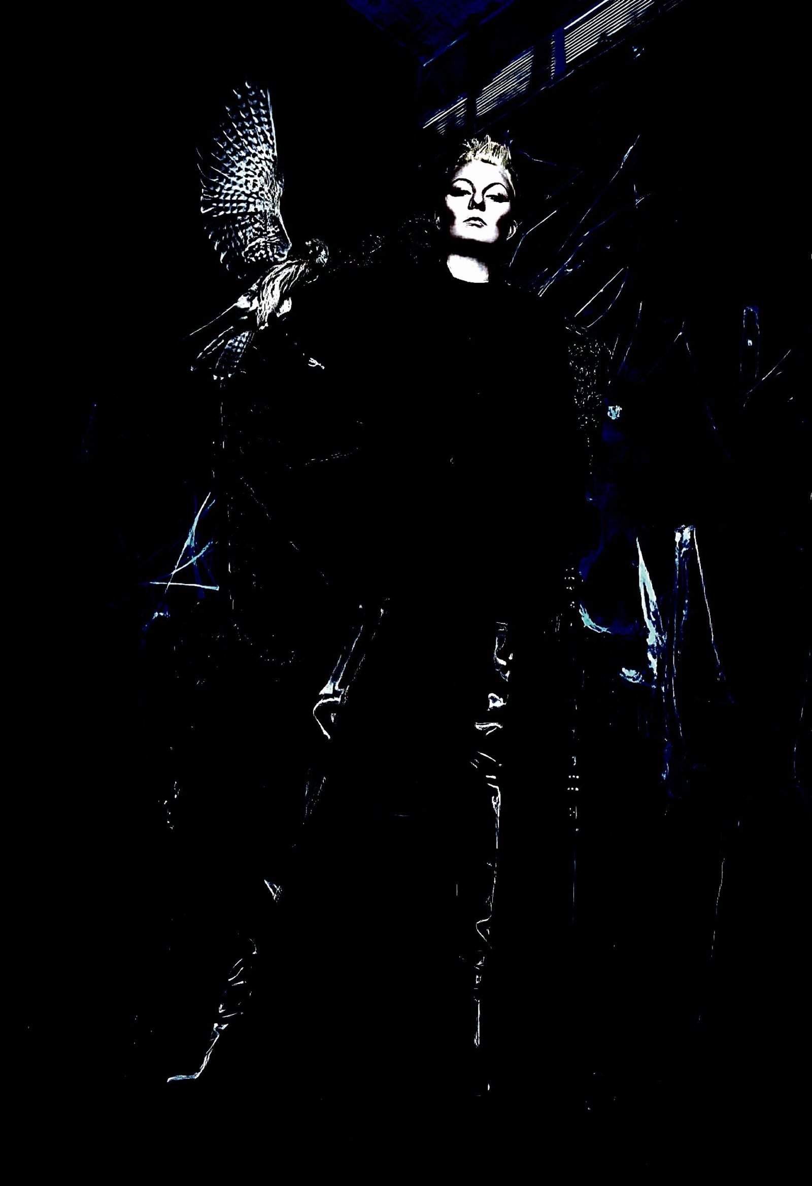 Dark gothic figure in dramatic black attire with a feathered shoulder piece, standing confidently in shadows.