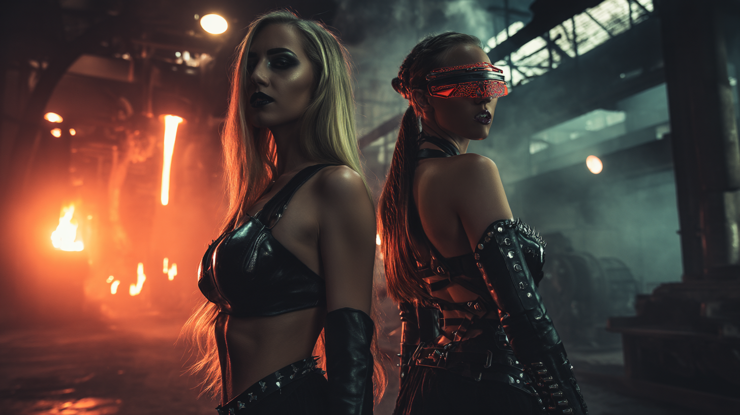 Cyberpunk man with face paint and a blonde woman in a bloodied shirt stand before a shattered screen wall.
