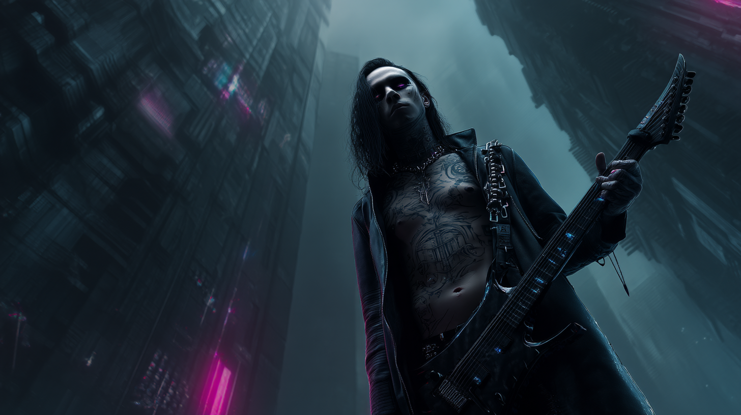 Tattooed goth guitarist with glowing eyes and a black coat stands in a neon-lit city canyon with cyber ruins overhead.