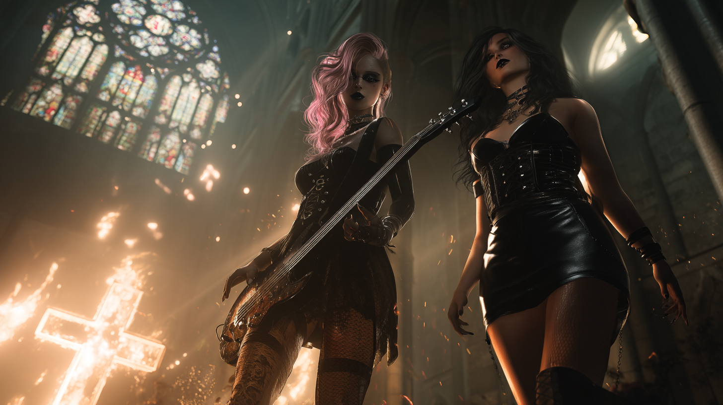 Pink-haired guitarist in a burning church stands with a dark gothic woman in black lace under glitching stained glass.