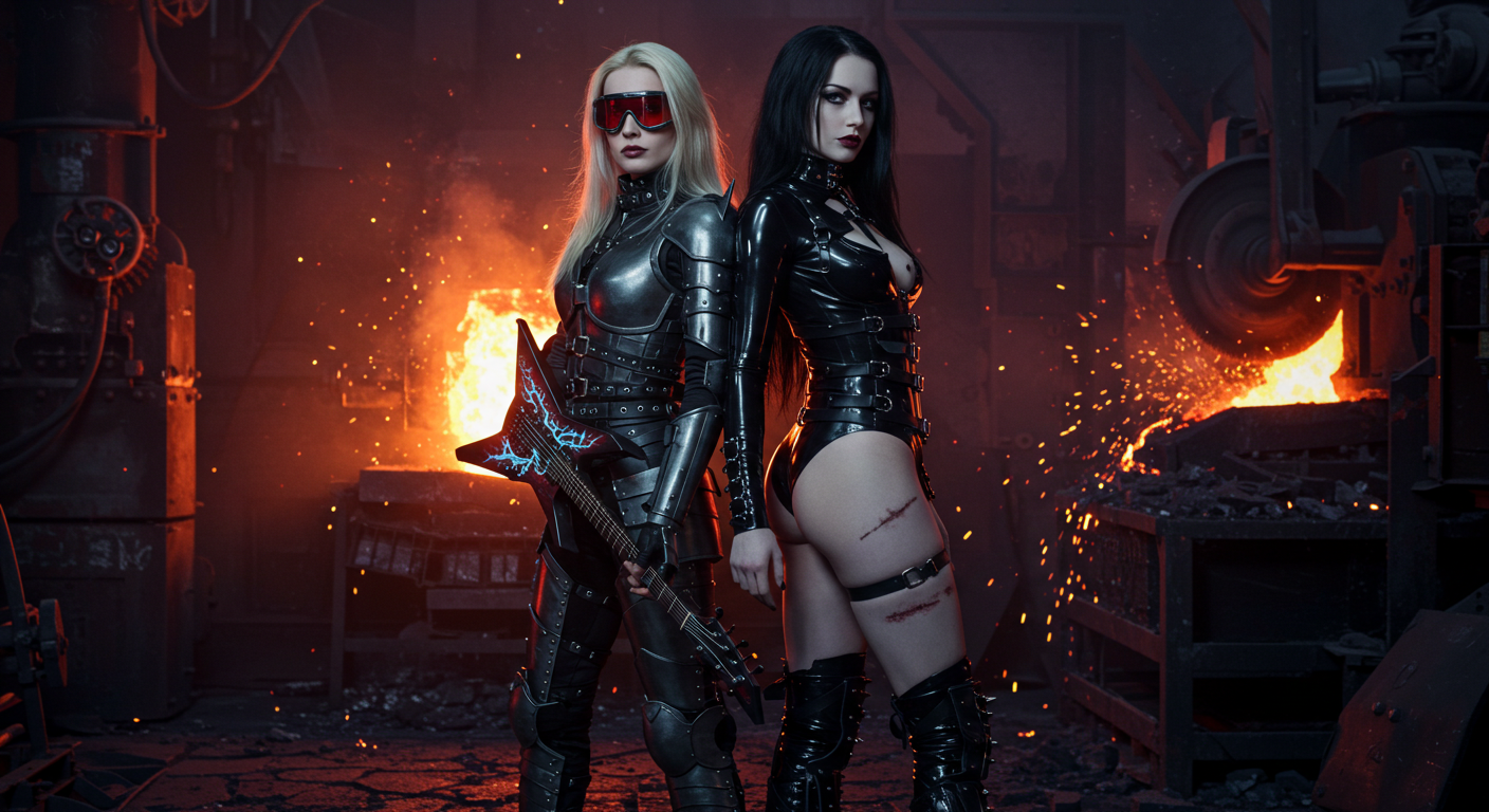 Blonde guitarist in steel armor stands back-to-back with a dark-haired woman in latex before a blazing forge.