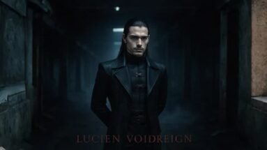 Lucien Voidreign standing in a dark corridor, wearing a black leather coat with hands behind his back