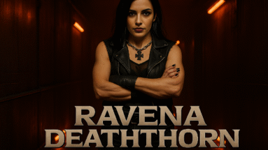 Ravena Deaththorn standing arms crossed in a dark corridor lit by red neon, black leather vest and intense glare