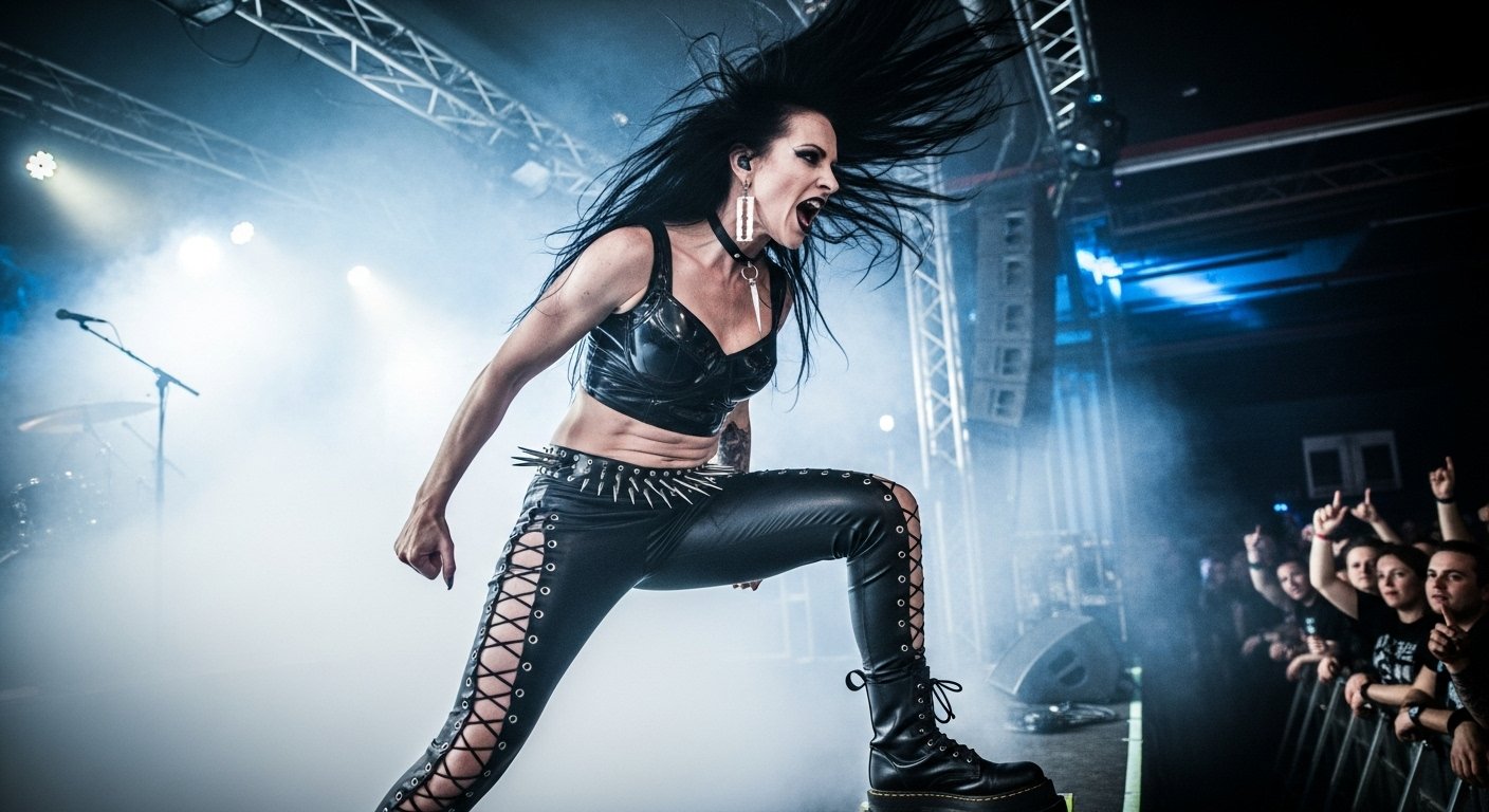 avena Deaththorn screams mid-headbang on stage, wearing leather crop top and laced black pants, surrounded by fog and fans